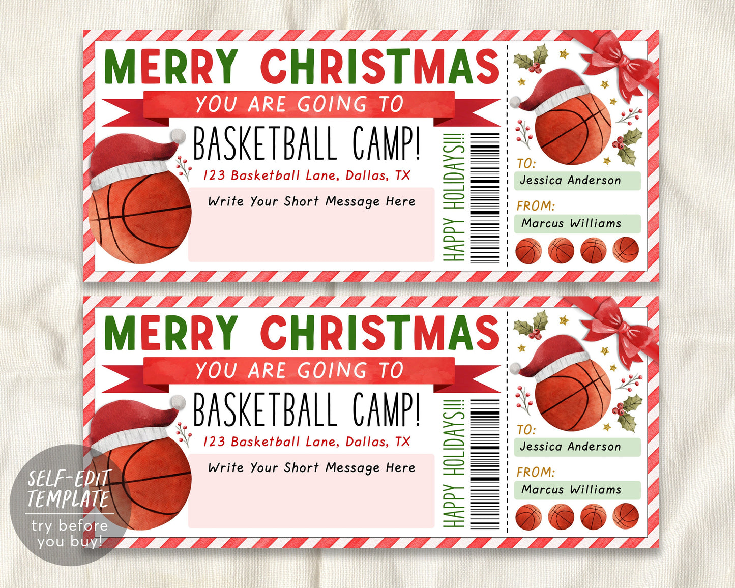 Christmas Basketball Camp Gift Ticket Editable Template