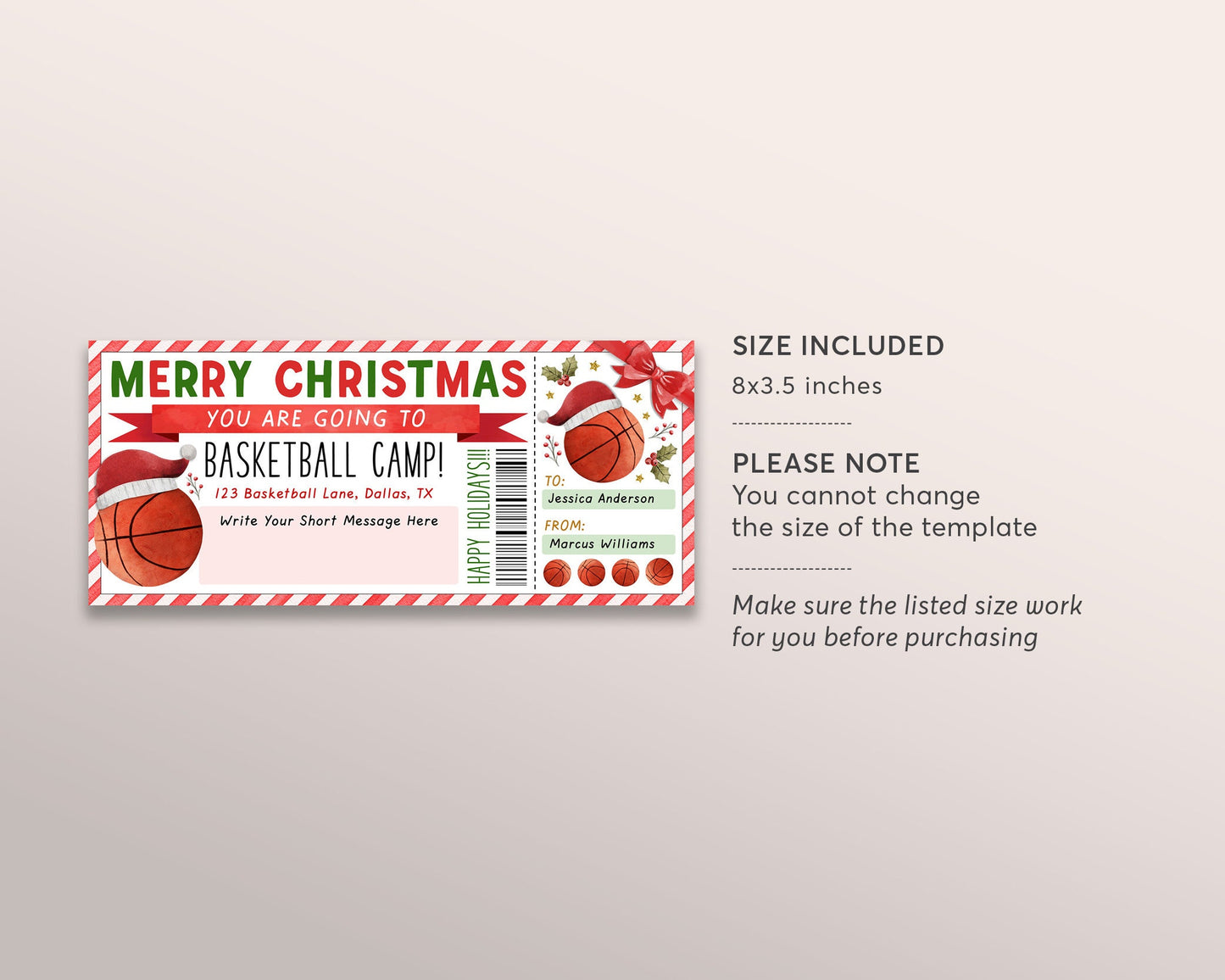 Christmas Basketball Camp Gift Ticket Editable Template, Surprise Training Camp Sports Game Voucher Skills Clinic Coupon Holiday Certificate