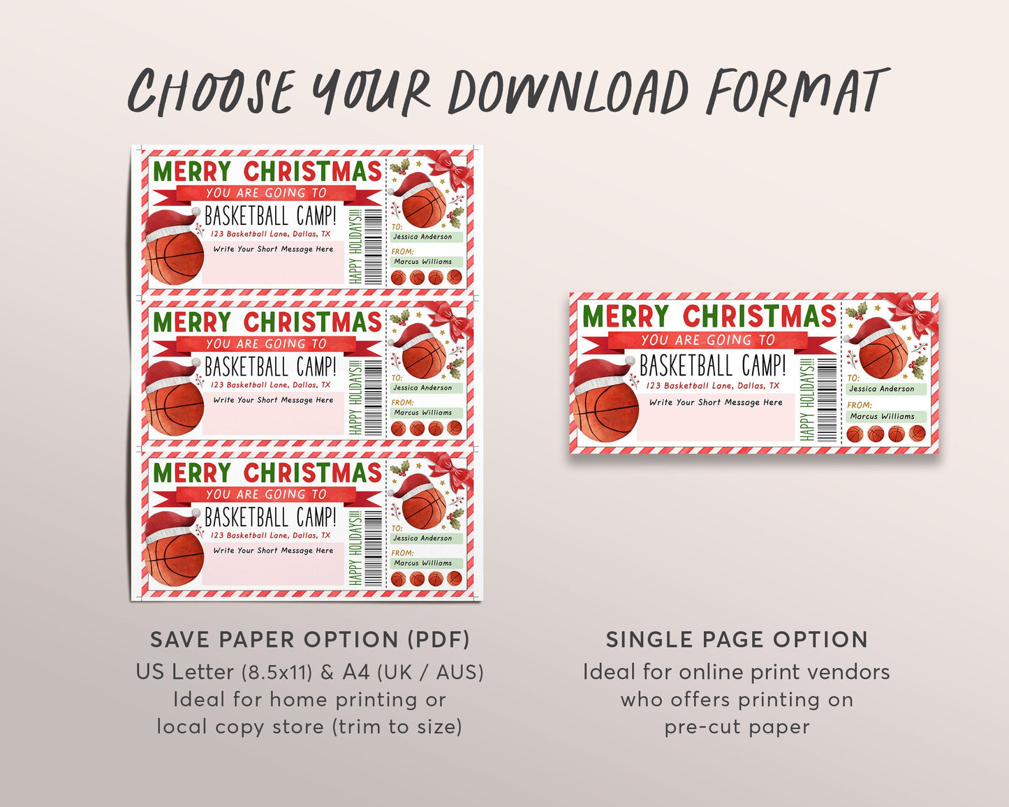 Christmas Basketball Camp Gift Ticket Editable Template, Surprise Training Camp Sports Game Voucher Skills Clinic Coupon Holiday Certificate