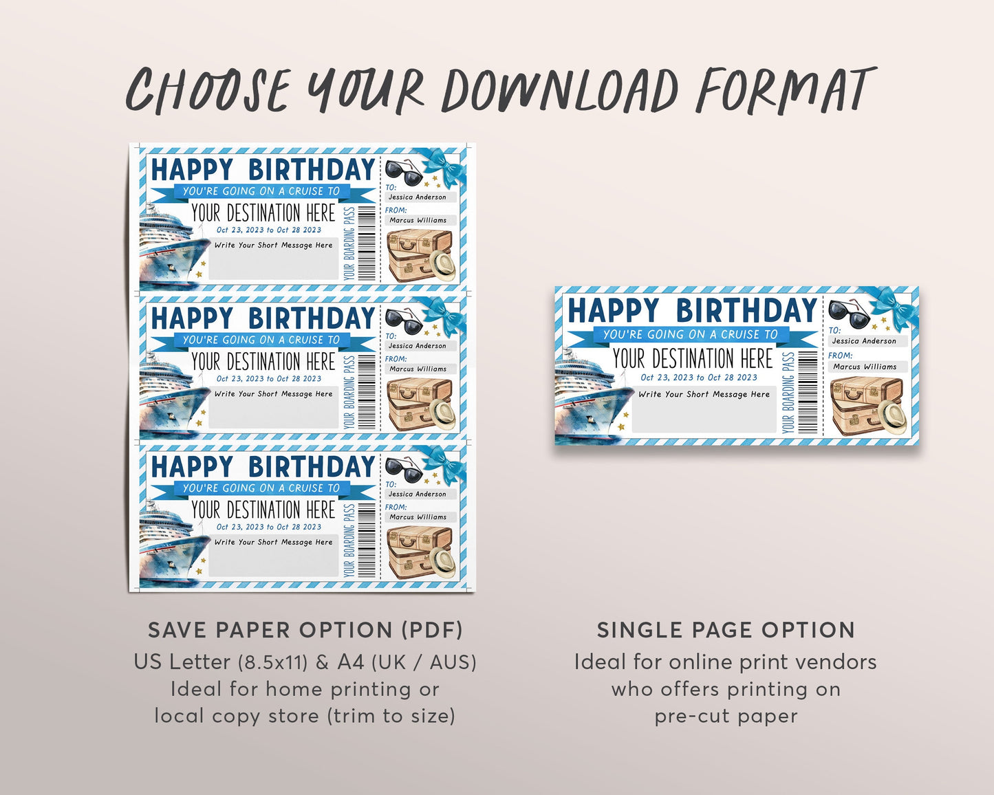 Cruise Boarding Pass Ticket Birthday Gift Editable Template, Surprise Ship Voucher, Vacation Travel Ticket Holiday Trip Reveal Destination