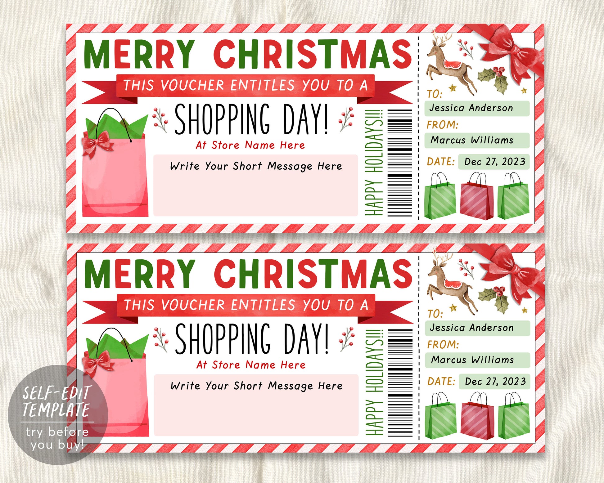 Christmas Shopping Spree Gift Certificate Editable Template