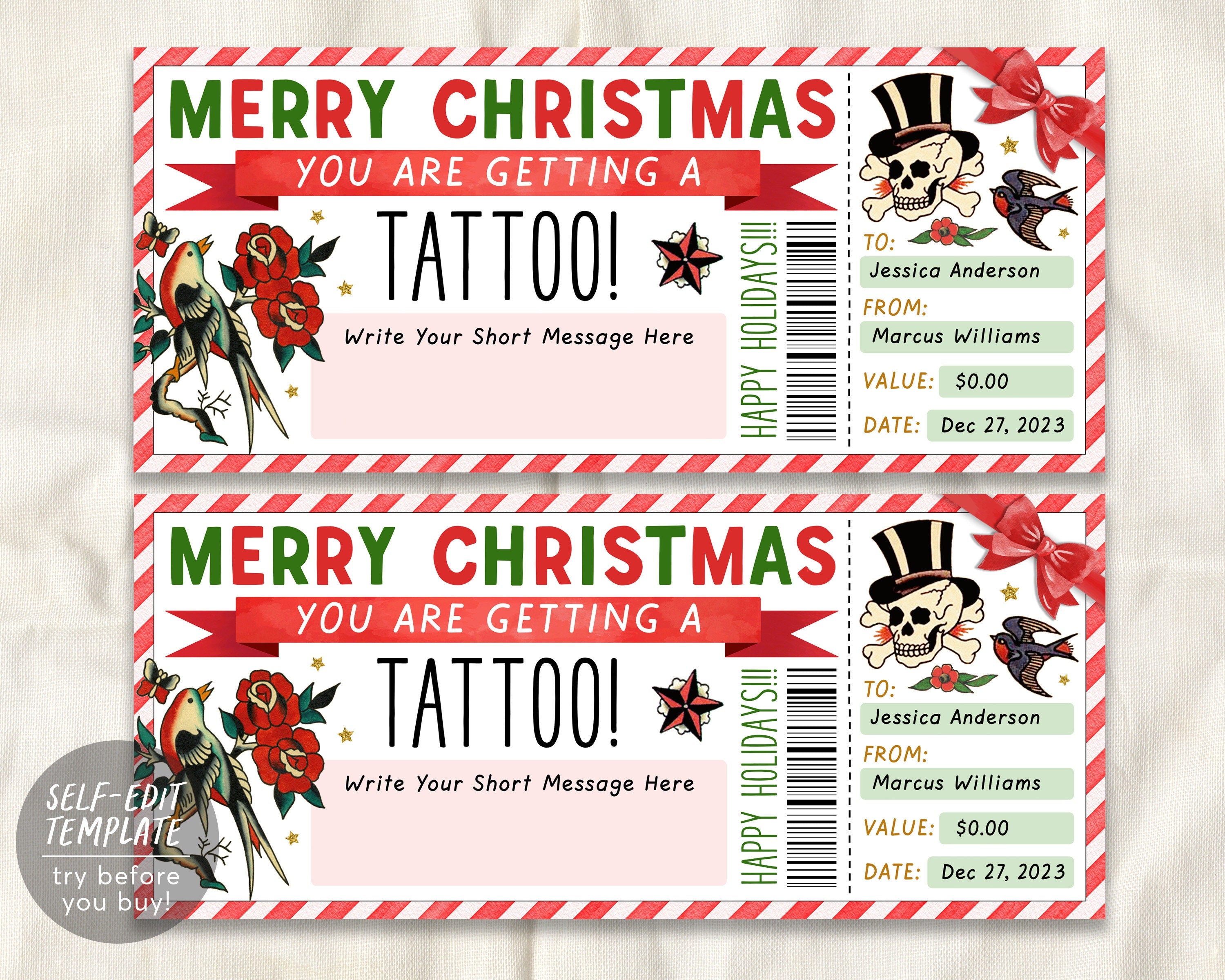 Christmas Tattoo Gift Certificate Editable Template, Surprise Tattoo G