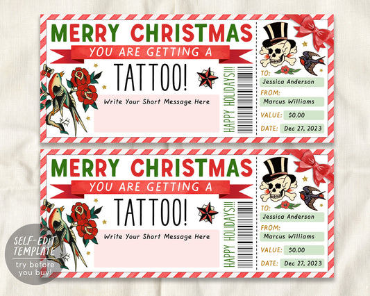 Christmas Tattoo Gift Certificate Editable Template