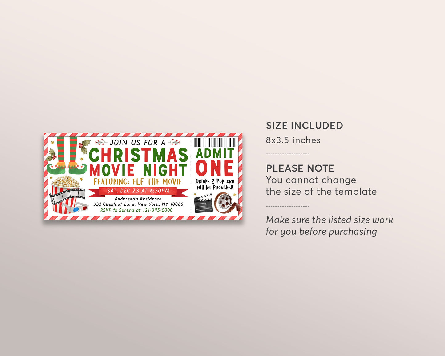 Elf Christmas Movie Ticket Invitation Editable Template, Xmas Holiday Movie Night Party Ticket Invite Printable, Winter Outdoor Popcorn DIY