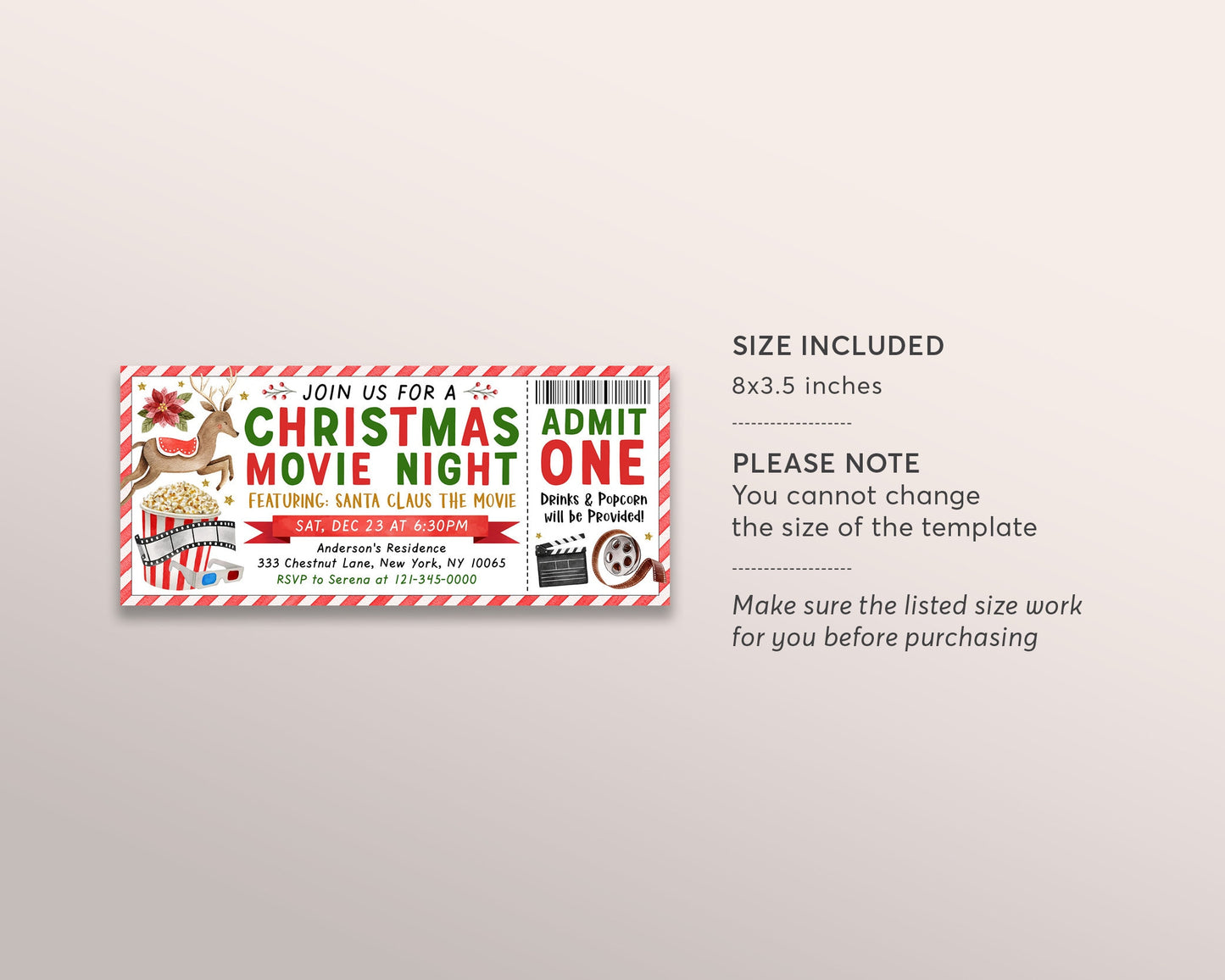 Christmas Movie Ticket Invitation Editable Template, Xmas Holiday Movie Night Gift Voucher Invite Printable, Santa Movie Family Night DIY