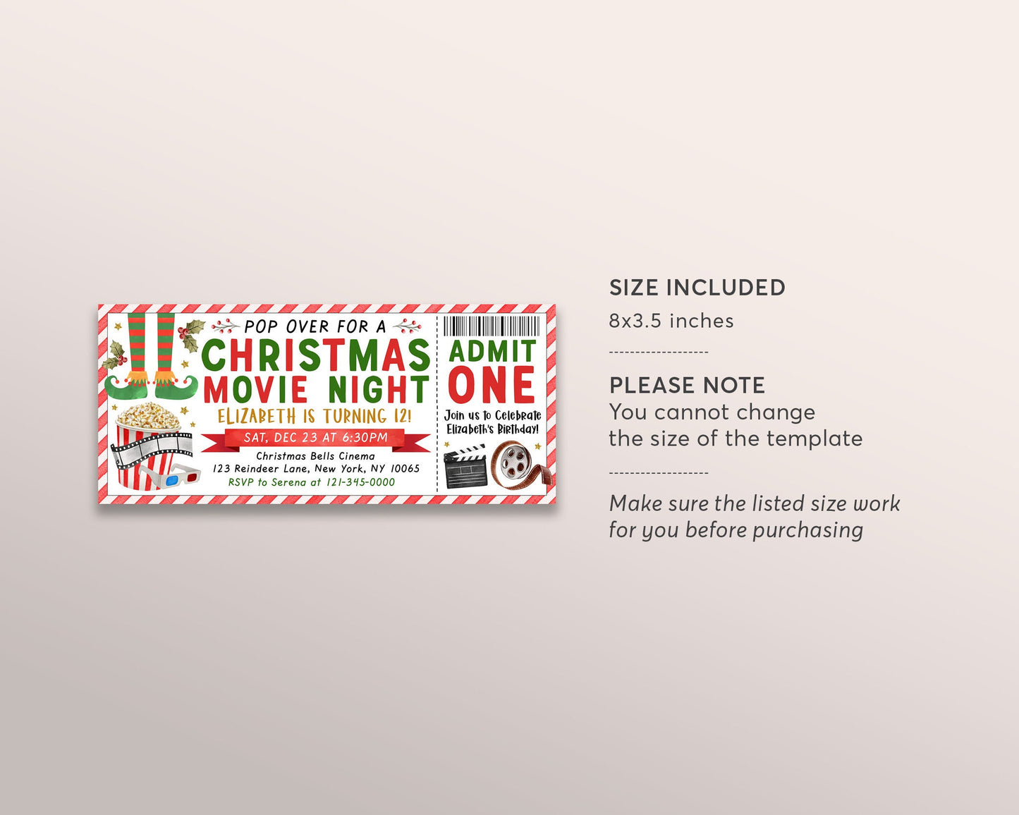 Christmas Birthday Movie Ticket Invitation Editable Template, Elf Xmas Holiday Movie Night Party Ticket Invite Printable, Winter Popcorn DIY