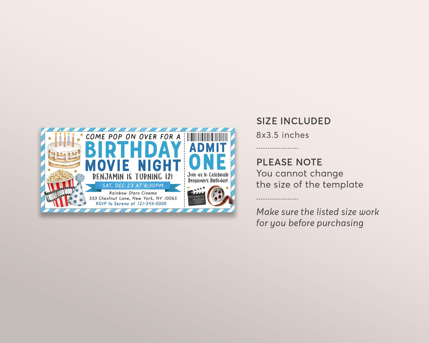 Movie Ticket Birthday Invitation Editable Template, Blue Cinema Movie Night Birthday Party Invite For Kids Printable, Pop On Over Sleepover