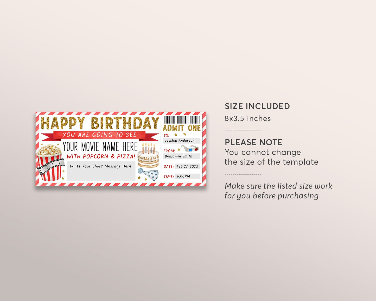 Movie Ticket Birthday Invitation Editable Template, Surprise Movie Night Gift Certificate Voucher, Cinema Theater Party Invite Printable DIY