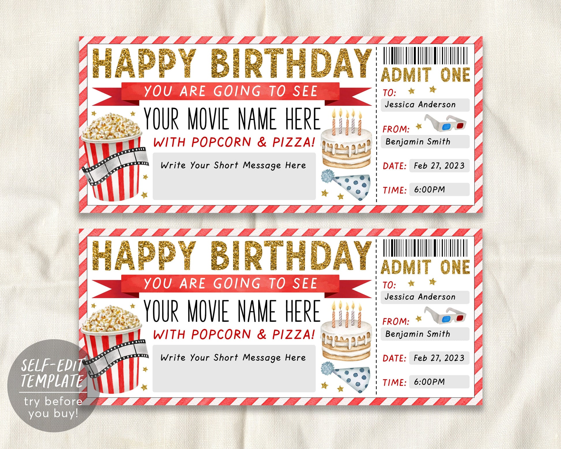 Movie Ticket Birthday Invitation Editable Template