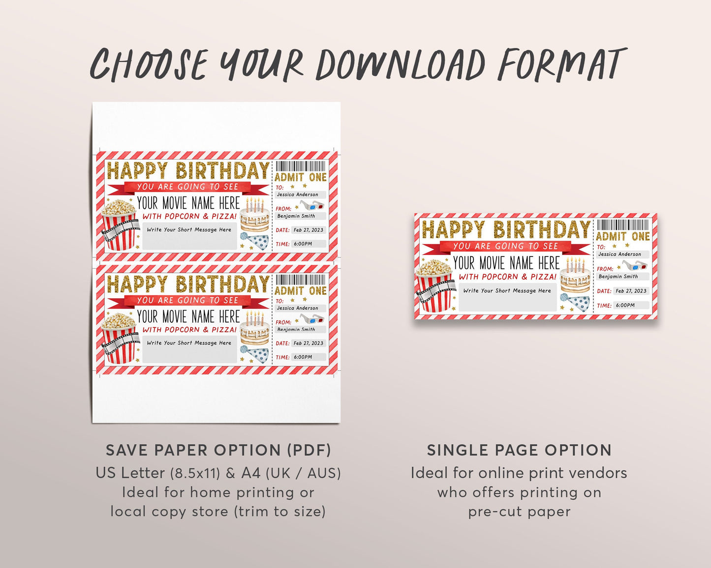 Movie Ticket Birthday Invitation Editable Template, Surprise Movie Night Gift Certificate Voucher, Cinema Theater Party Invite Printable DIY