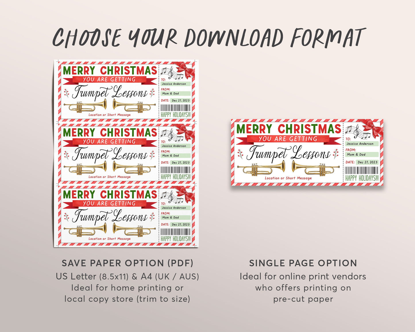 Trumpet Lessons Christmas Gift Certificate Editable Template, Surprise Trumpet Lessons Music Class Experience Voucher Holiday Reveal Coupon