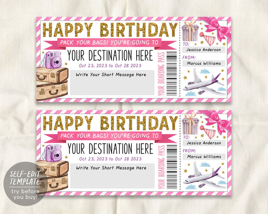 Surprise Trip Boarding Pass Plane Ticket Editable Template, Birthday Vacation Travel Ticket Gift For Her, Holiday Reveal Flight Destination