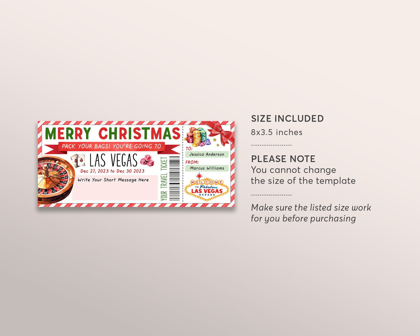Las Vegas Trip Ticket Editable Template, Christmas Surprise Travel Vacation Gift Certificate, Nevada Holiday Trip Reveal Boarding Pass DIY