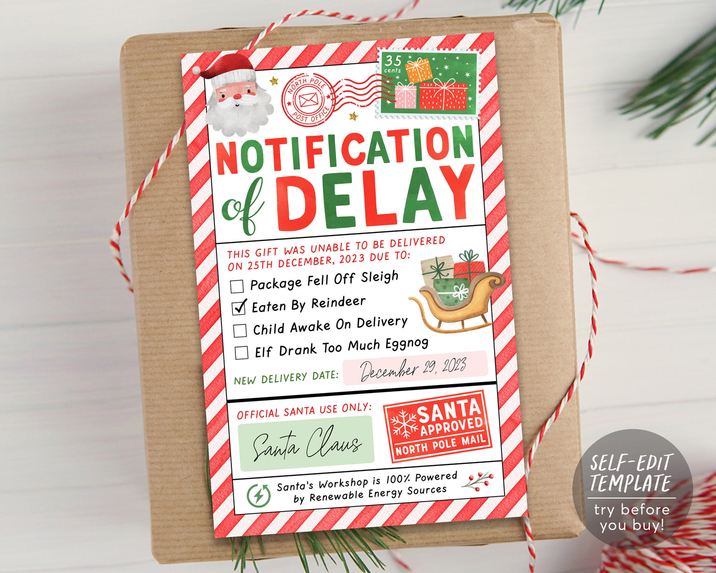 Late Christmas Gift Letter from Santa Editable Template
