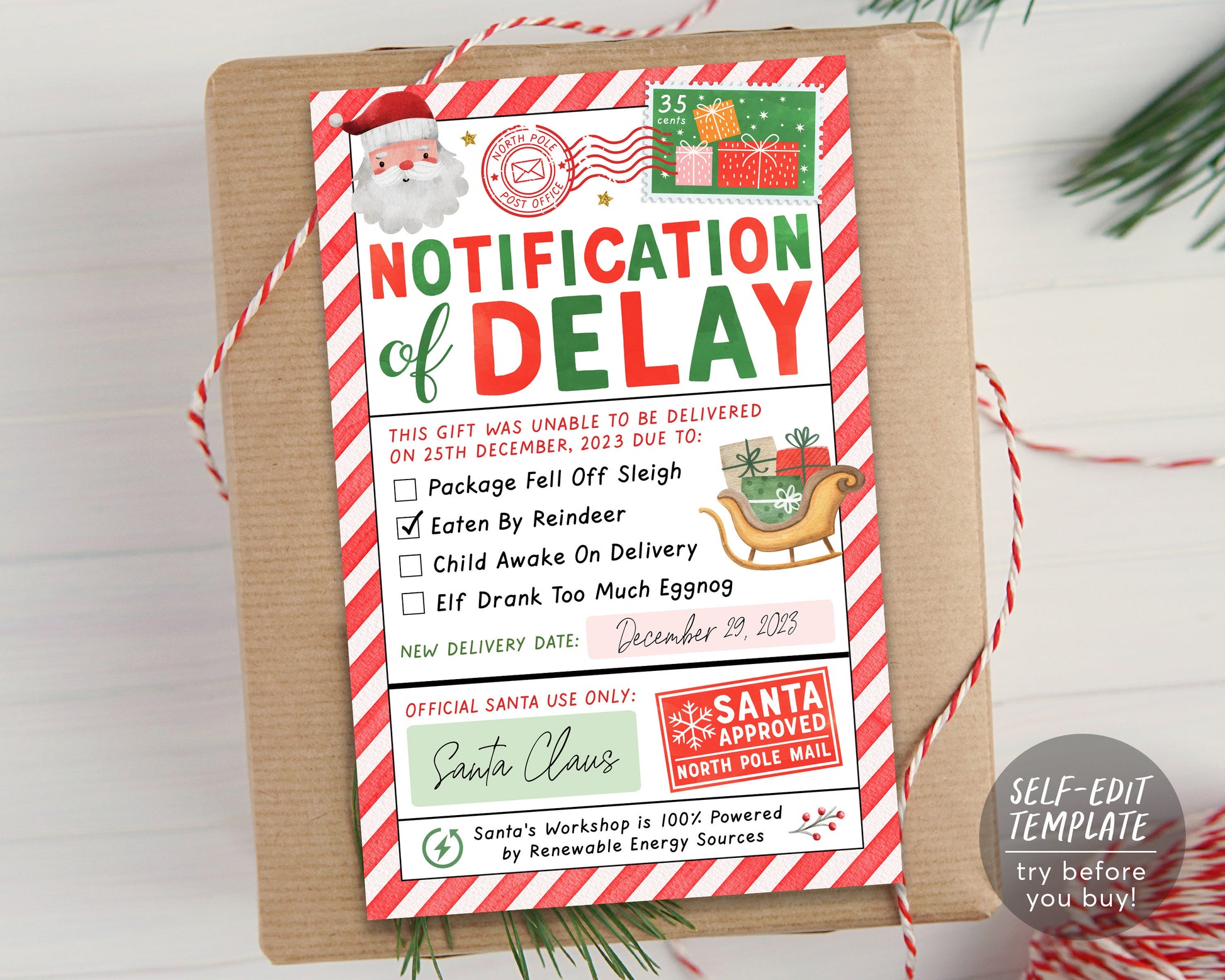 Late Christmas Gift Letter from Santa Editable Template