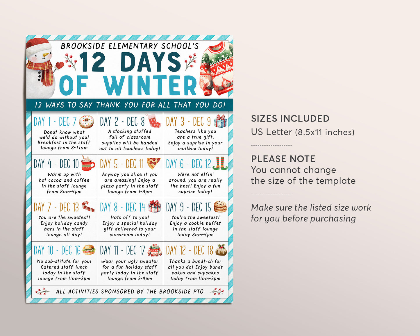Winter Holiday Appreciation Flyer Editable Template, 12 Days of Christmas Calendar December School Teacher Staff Week Itinerary PTA PTO