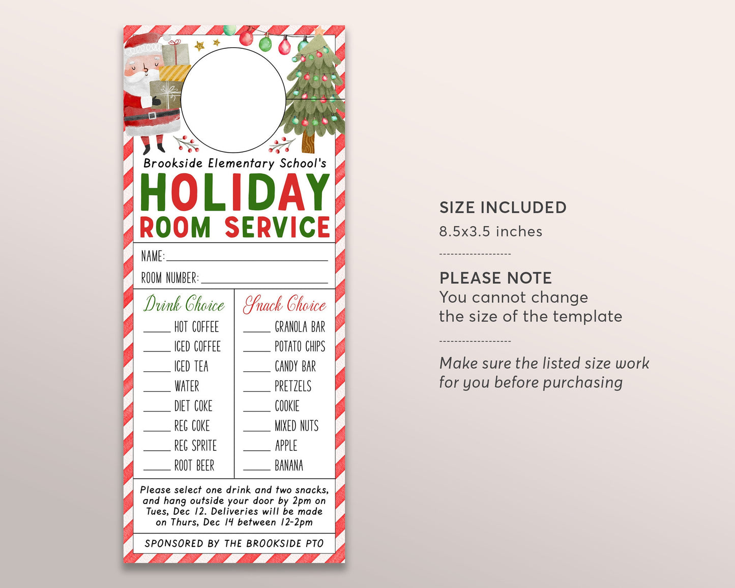 Christmas Holiday VIP Room Service Door Hanger Editable Template, Winter Xmas Holiday Teacher And Staff Appreciation Week School PTA PTO