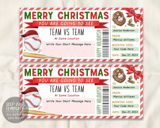 Baseball Game Christmas Gift Ticket Editable Template