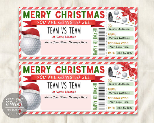 Golf Tournament Christmas Gift Ticket Editable Template