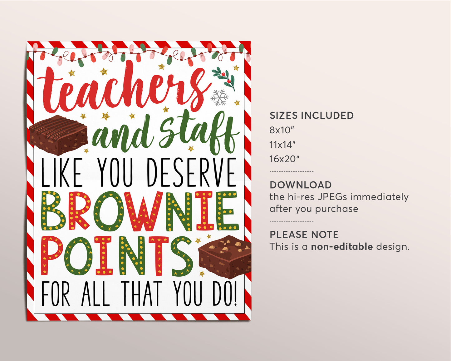 Teachers and Staff Like You Deserve Brownie Points Appreciation Sign Printable, Christmas Treats Winter Party Poster, Holiday School Decor
