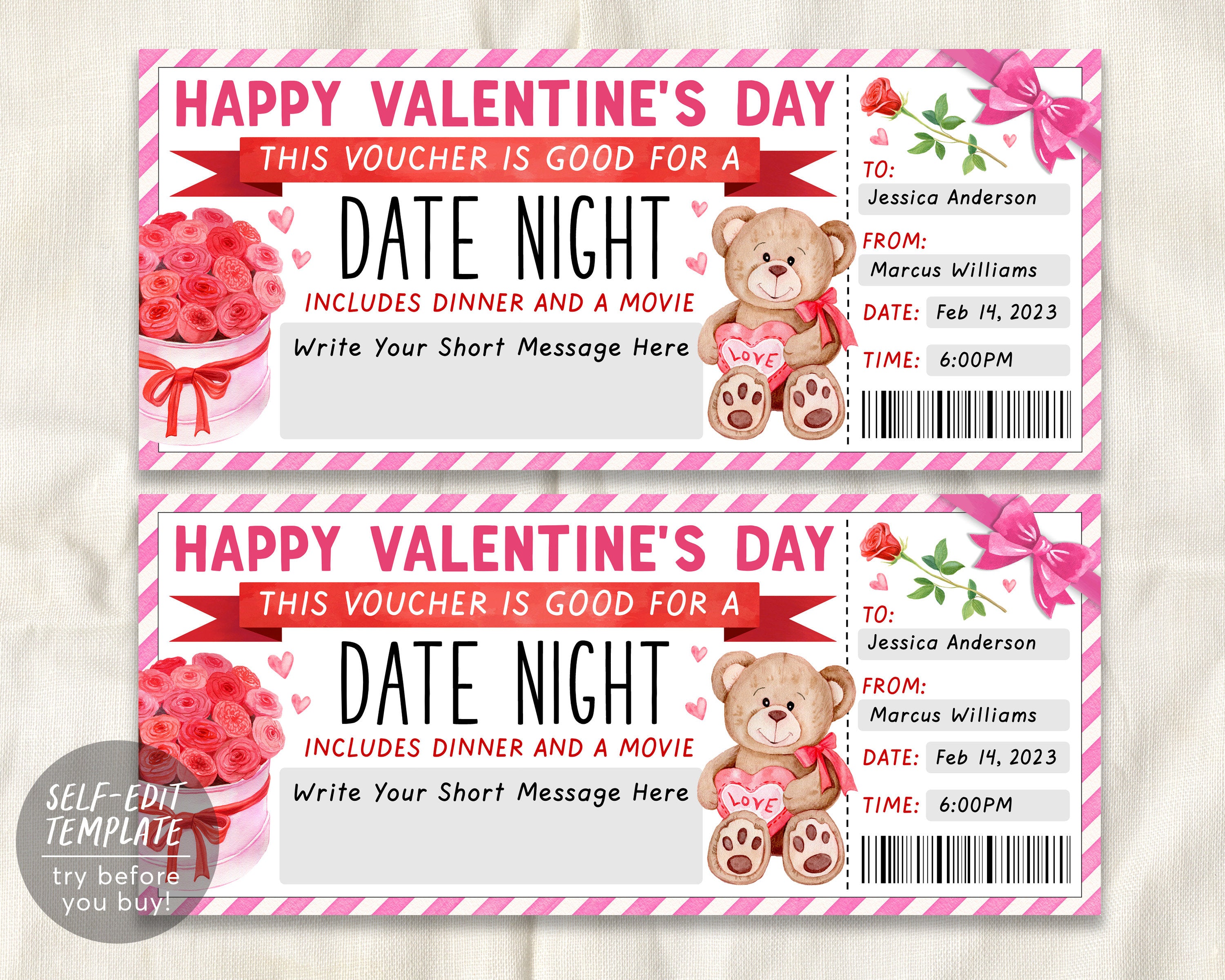 Date Night Ticket Template, DIY Romantic Valentine/anniversary Gift Idea,  Printable Fun Date Night Invitation, 9x4 Digital File, Canva Edit (Download  Now) 