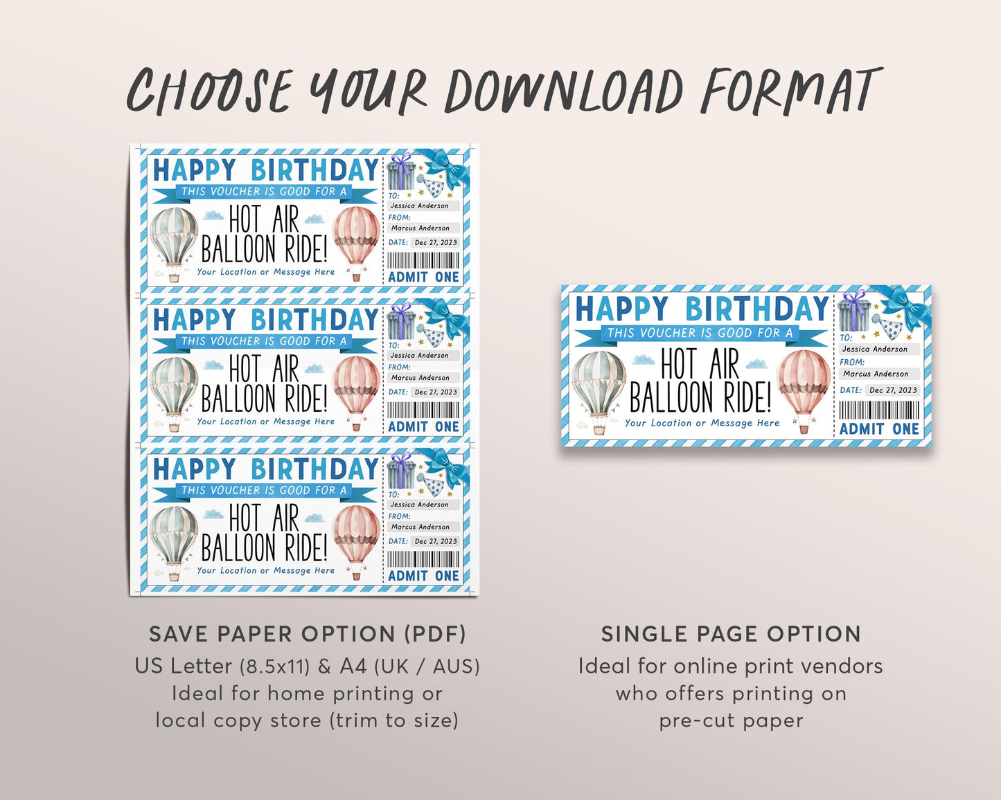 Hot Air Balloon Ticket Editable Template, Birthday Surprise Hot Air Balloon Gift Certificate Reveal For Him, Voucher Experience Coupon