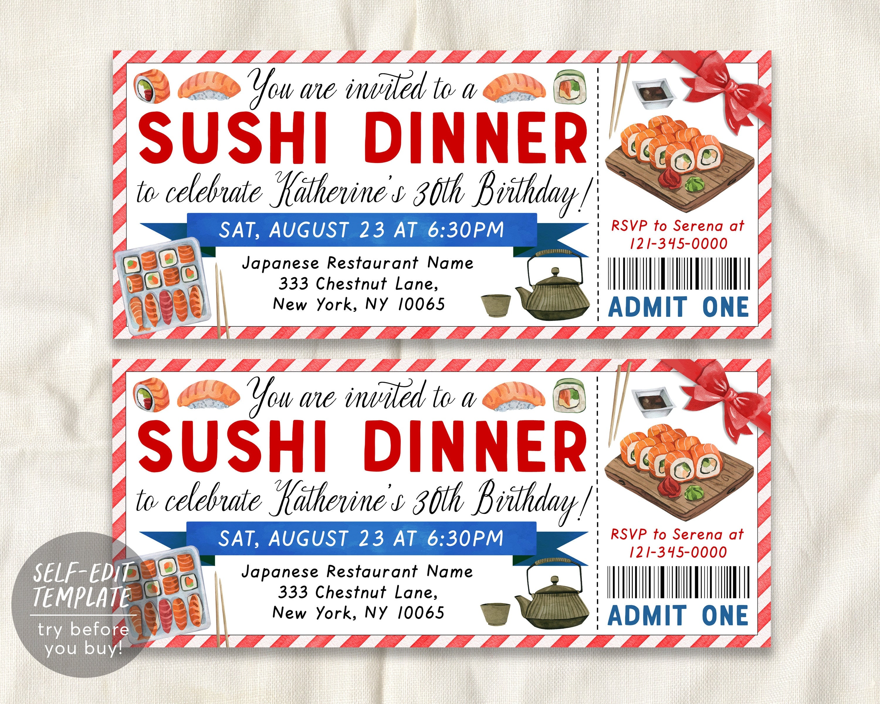 Editable Sushi Gift Certificate Template, Sushi Dinner Coupon