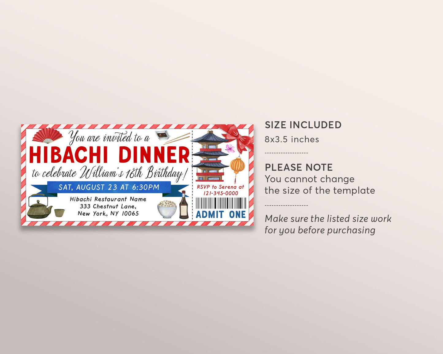 Hibachi Dinner Party Invitation Ticket Editable Template, Birthday Japanese BBQ Restaurant Dinner Invite For Kids And Adults Voucher DIY