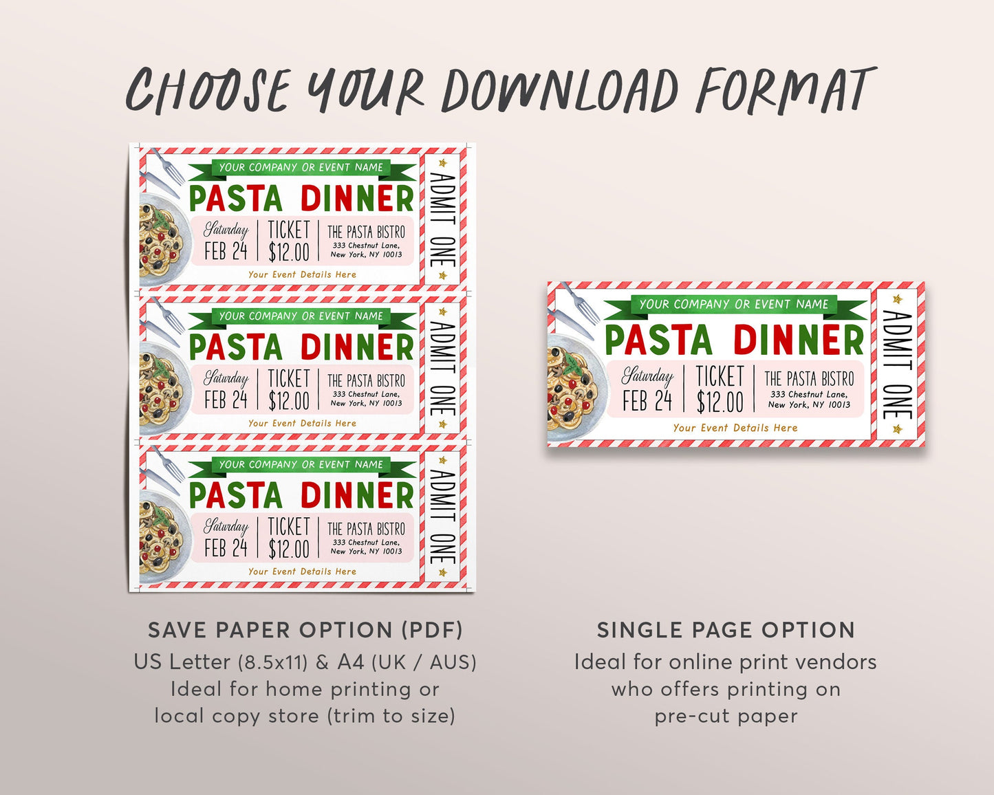 Pasta Dinner Event Ticket Editable Template, Spaghetti Dinner Coupon, Italian Pasta Dinner, PTO PTA School Fundraiser Event Church Charity