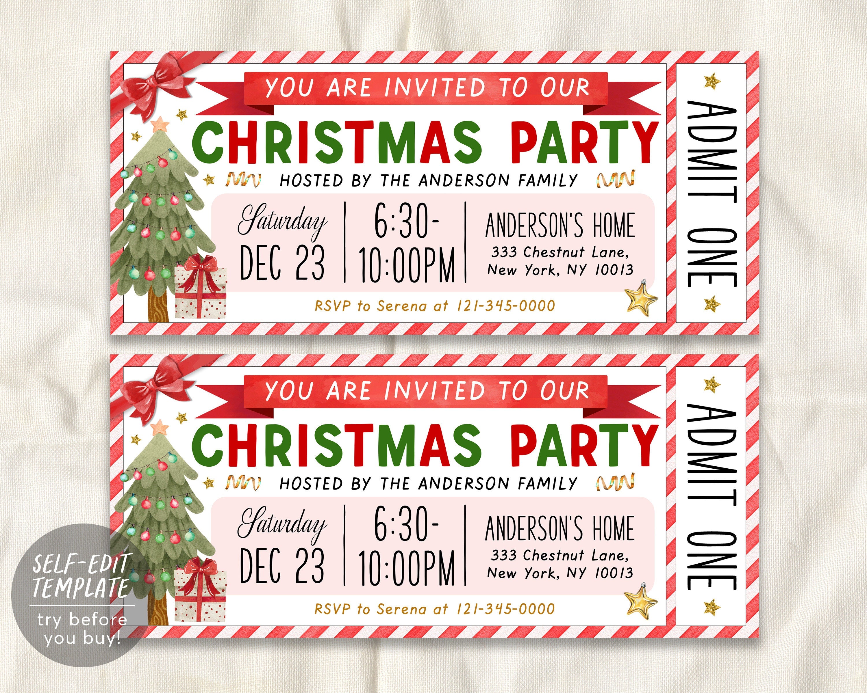 christmas party invitation ticket editable template, surprise holiday party event printable, festive winter celebration office party invite