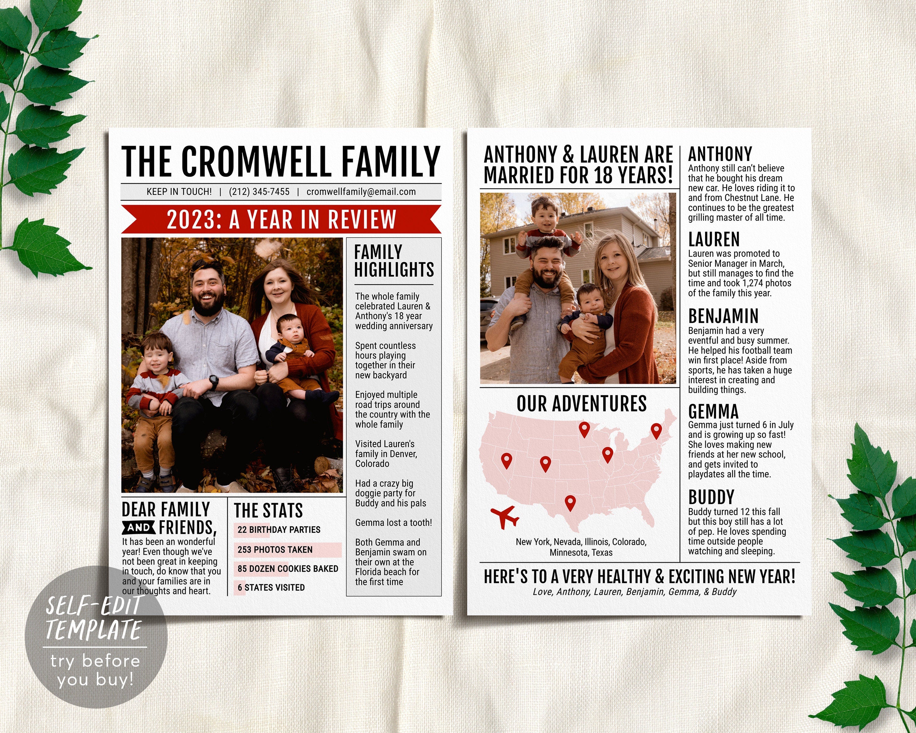 Year in Review 5x7 Christmas Newsletter Editable Template, Year at a G ...