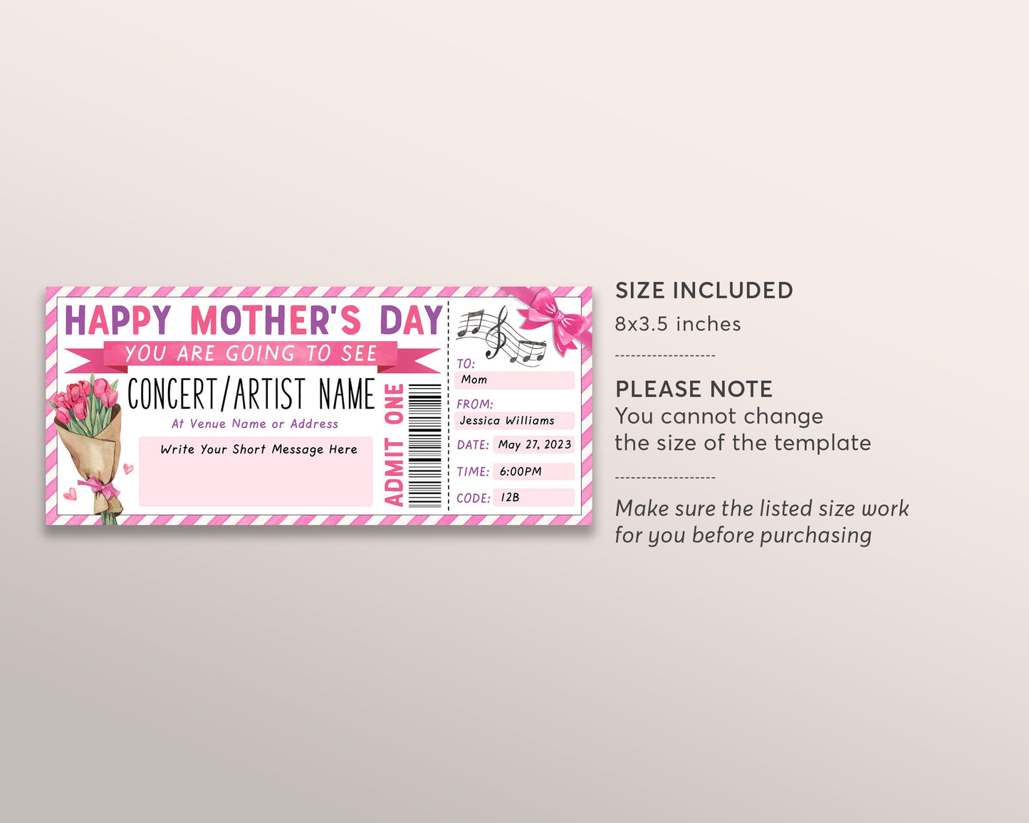 Mothers Day Concert Ticket Gift Voucher Editable Template, Surprise Concert Gift Certificate for Mom, Music Show Artist Experience Reveal