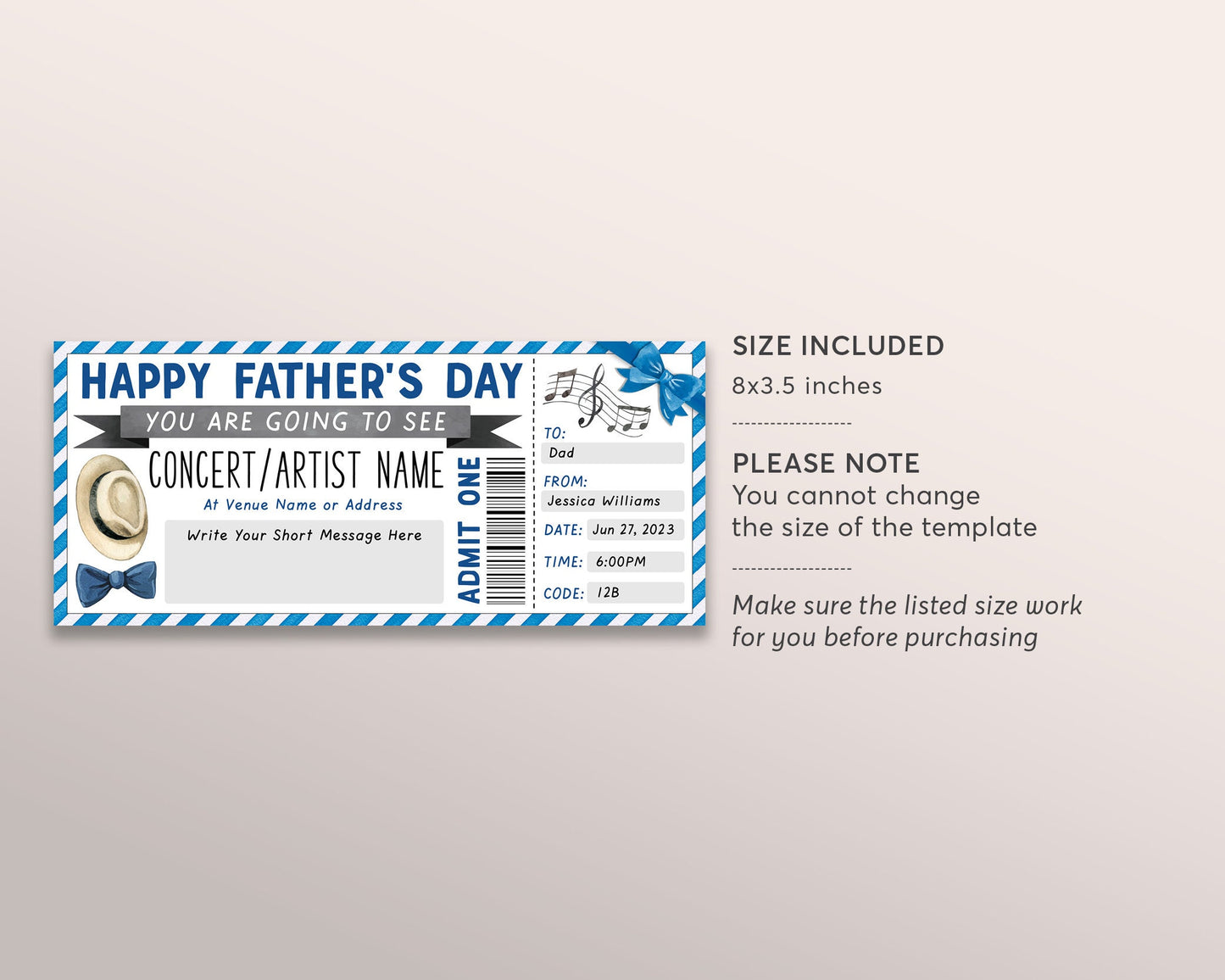 Fathers Day Concert Ticket Gift Voucher Editable Template, Surprise Concert Gift Certificate Dad, Music Show Artist Band Experience Reveal