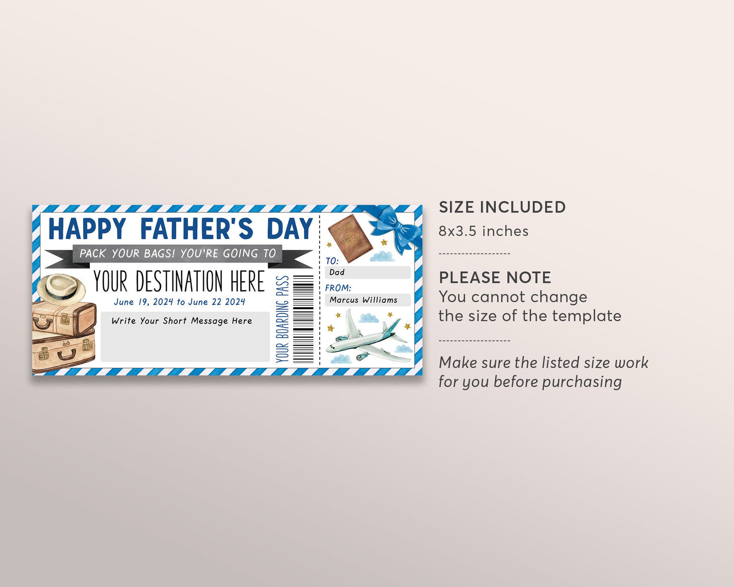 Fathers Day Surprise Boarding Pass Editable Template, Vacation Travel Plane Ticket Voucher For Dad, Trip Flight Destination Certificate