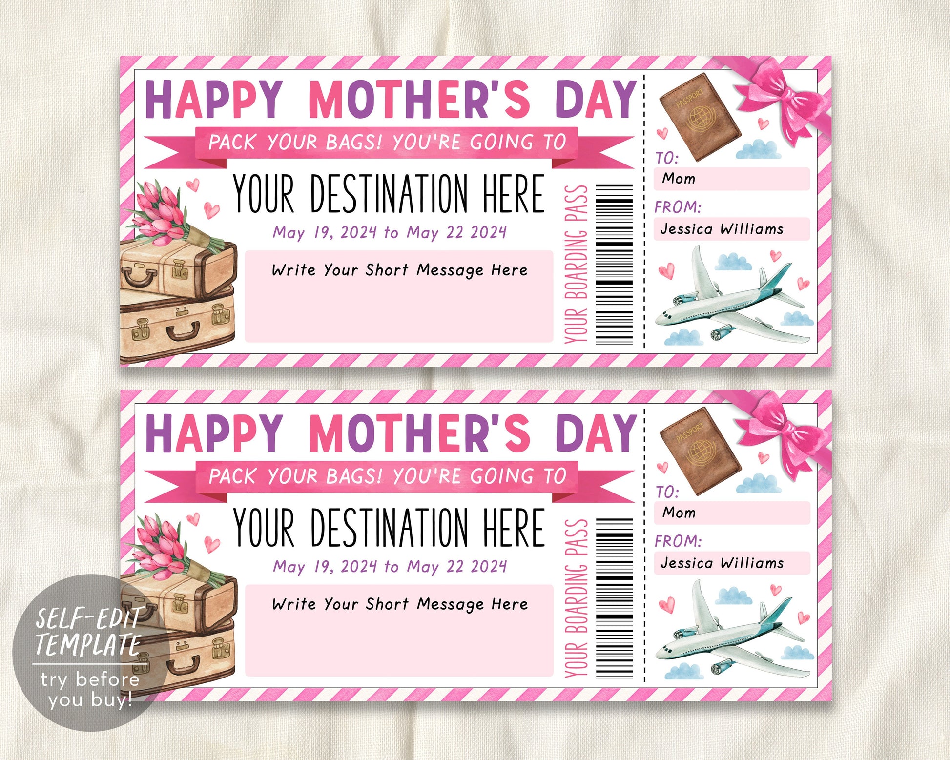 Mothers Day Surprise Boarding Pass Editable Template