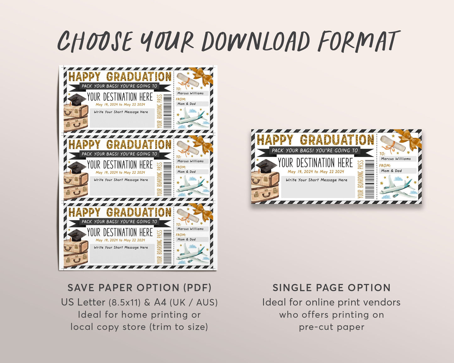 Graduation Boarding Pass Editable Template, Surprise Graduation Trip Plane Ticket Reveal, Vacation Travel Holiday Trip Flight Destination