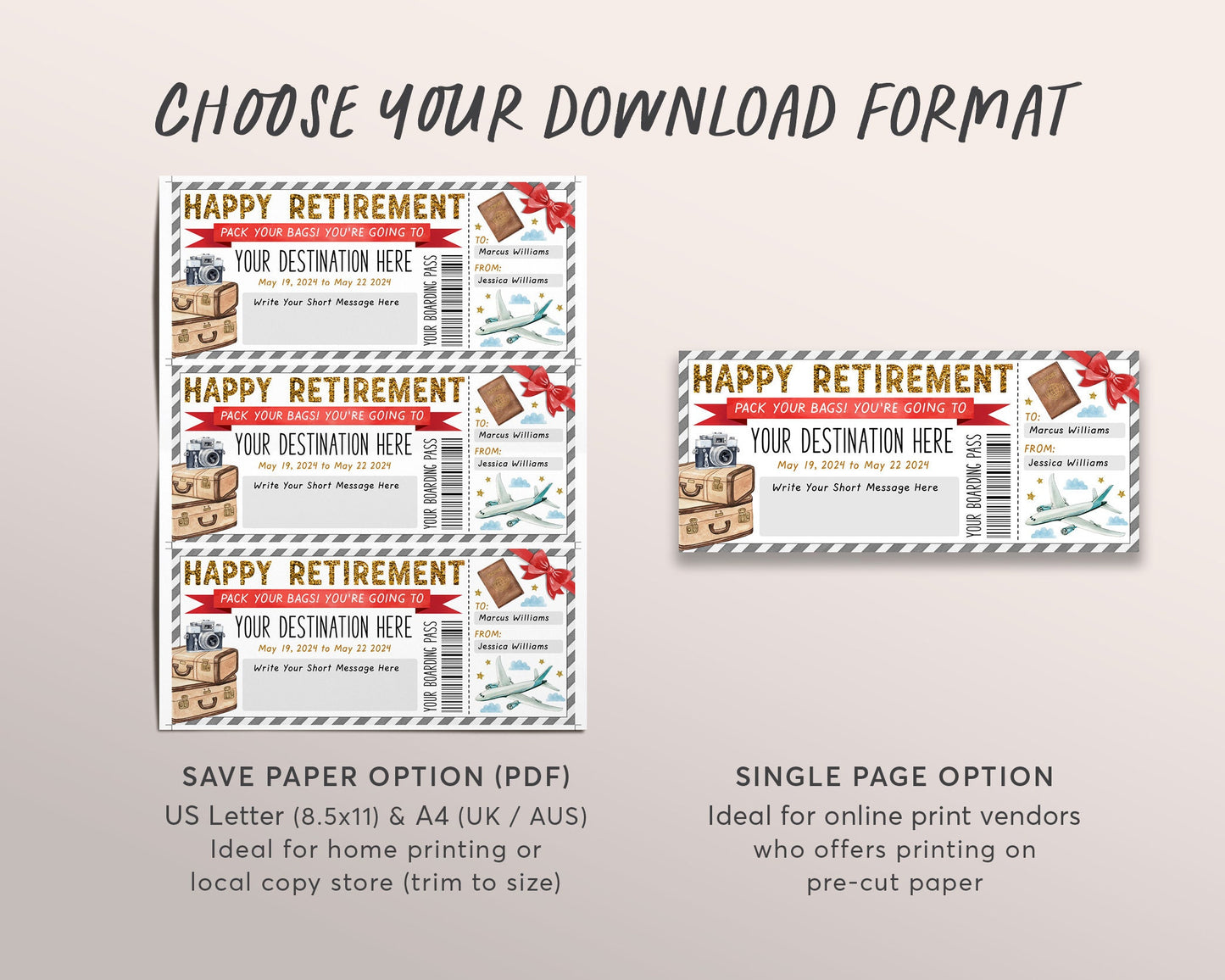 Retirement Boarding Pass Editable Template, Surprise Trip Getaway Plane Ticket For Retiree Vacation Travel Holiday Flight Destination Reveal