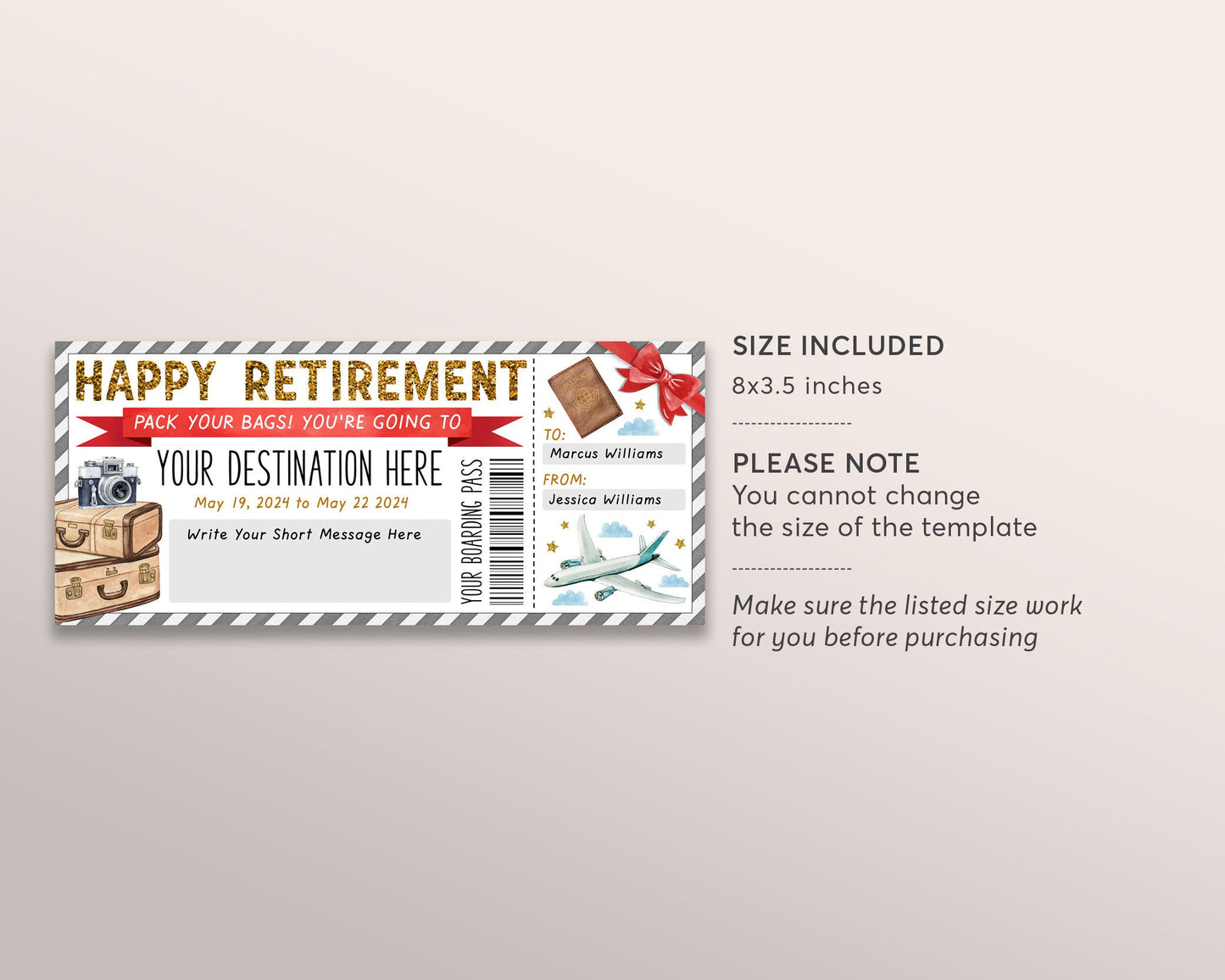 Retirement Boarding Pass Editable Template, Surprise Trip Getaway Plane Ticket For Retiree Vacation Travel Holiday Flight Destination Reveal