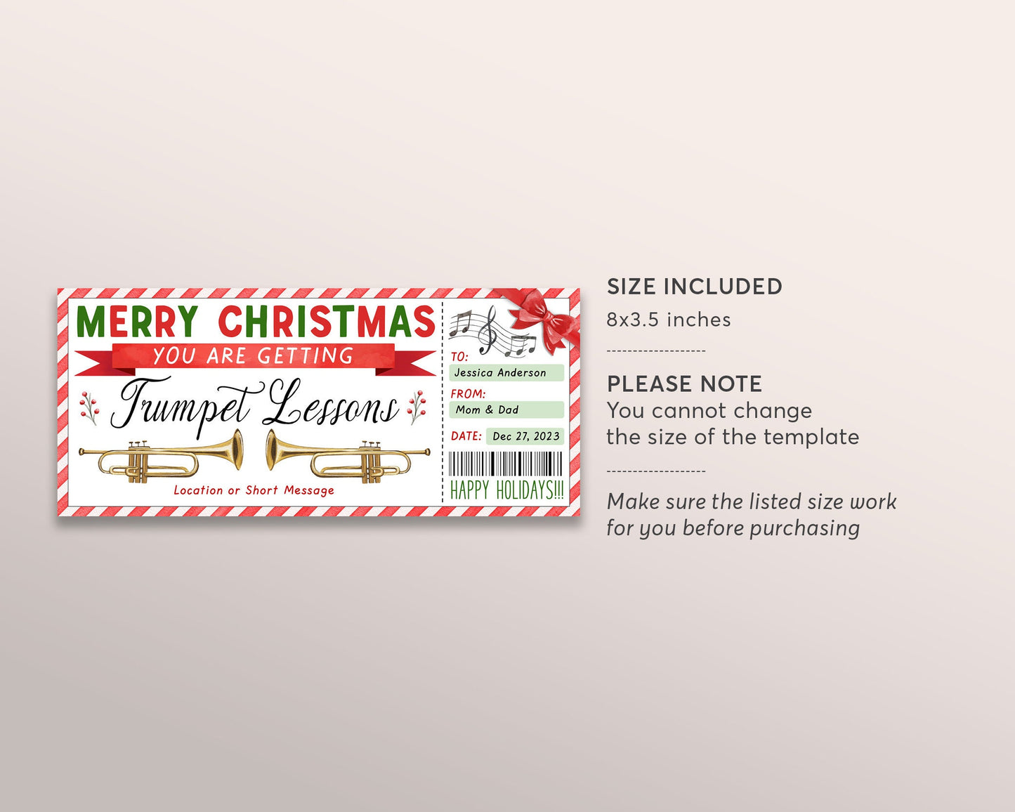 Trumpet Lessons Christmas Gift Certificate Editable Template, Surprise Trumpet Lessons Music Class Experience Voucher Holiday Reveal Coupon