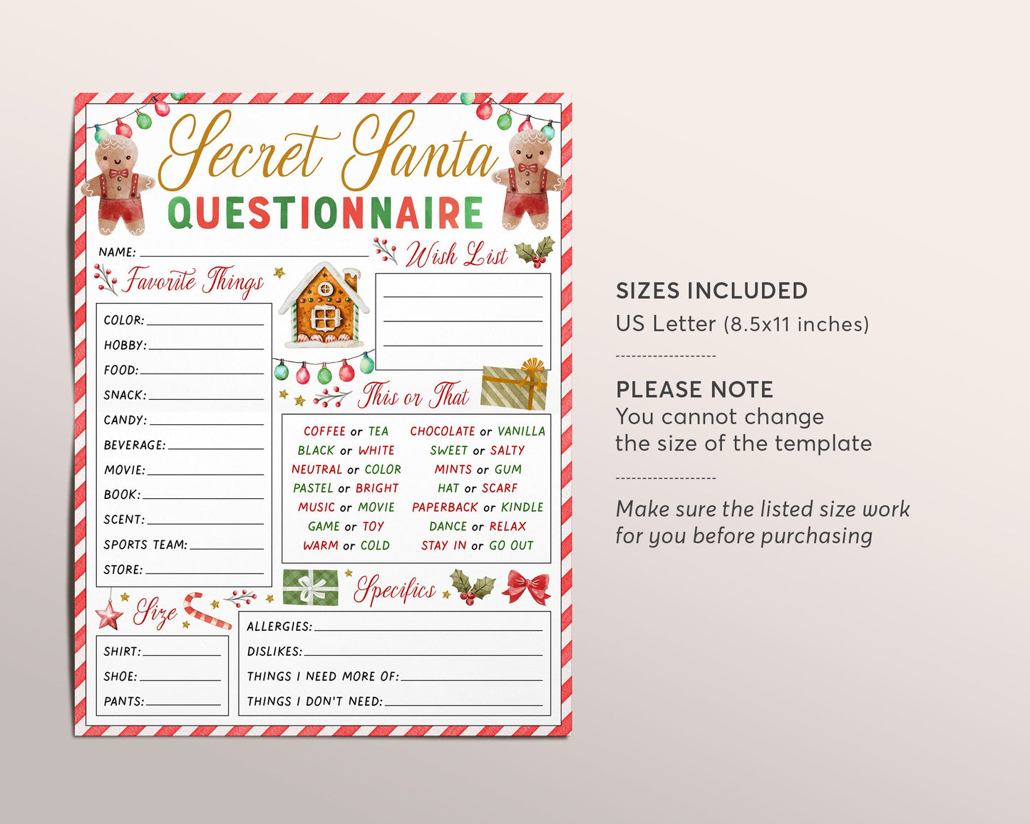 Secret Santa Gift Exchange Questionnaire Editable Template, Holiday Gingerbread Cookie Christmas Form Present Swap Wishlist Printable