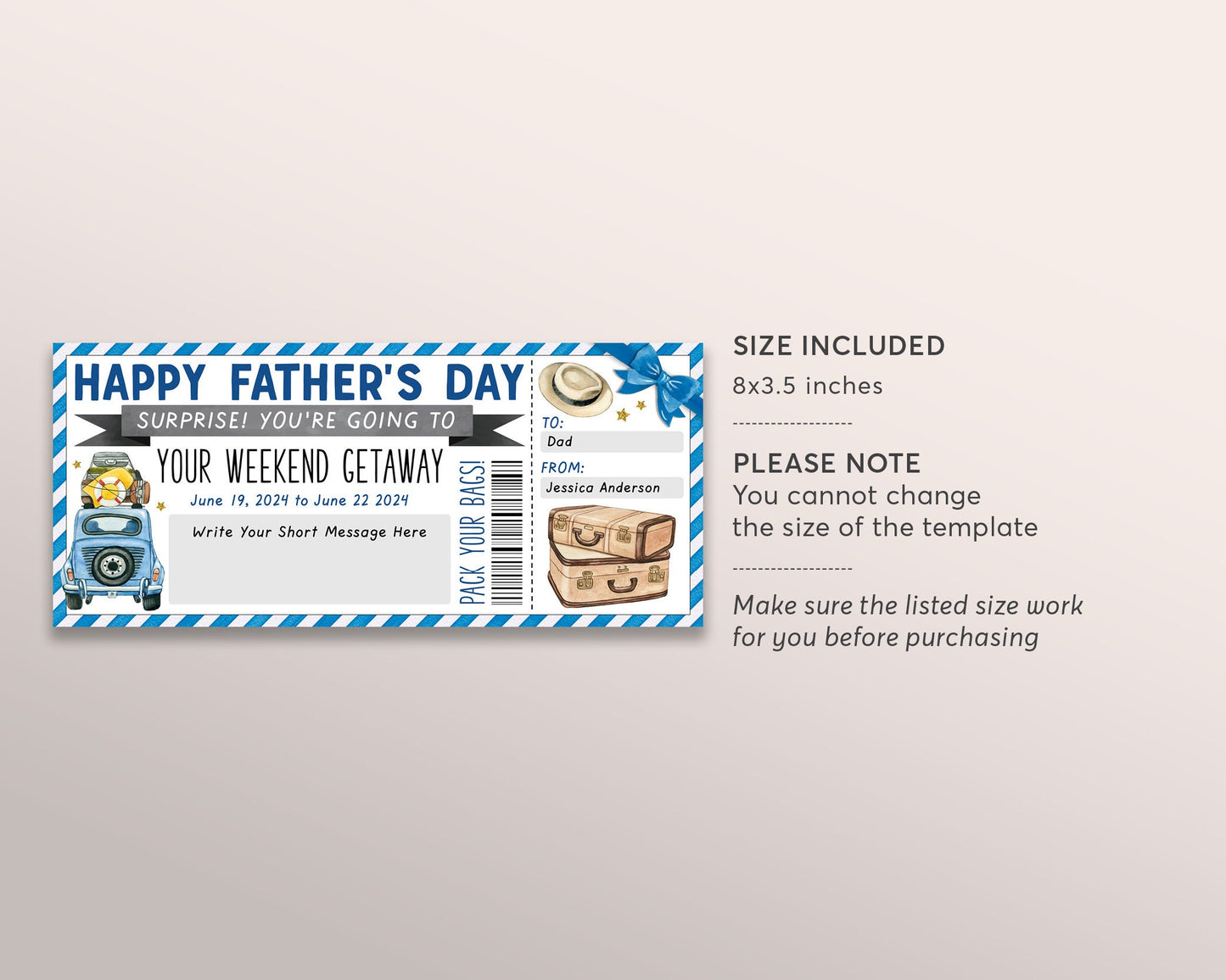Fathers Day Weekend Getaway Voucher Editable Template, Surprise Vacation Travel Ticket For Dad, Gift Certificate Road Trip Staycation DIY