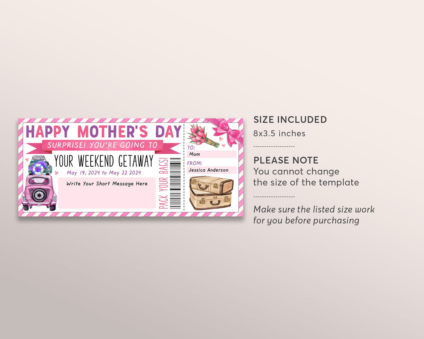 Mothers Day Weekend Getaway Voucher Editable Template, Surprise Vacation Travel Ticket For Mom, Gift Certificate Road Trip Staycation DIY
