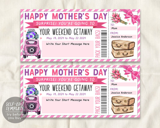 Mothers Day Weekend Getaway Voucher Editable Template