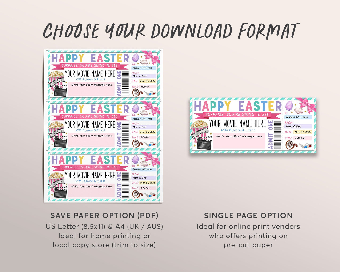 Easter Movie Ticket Invitation Editable Template, Movie Night For Family Friends Kids Tweens Gift Voucher Certificate Invite Reveal Coupon