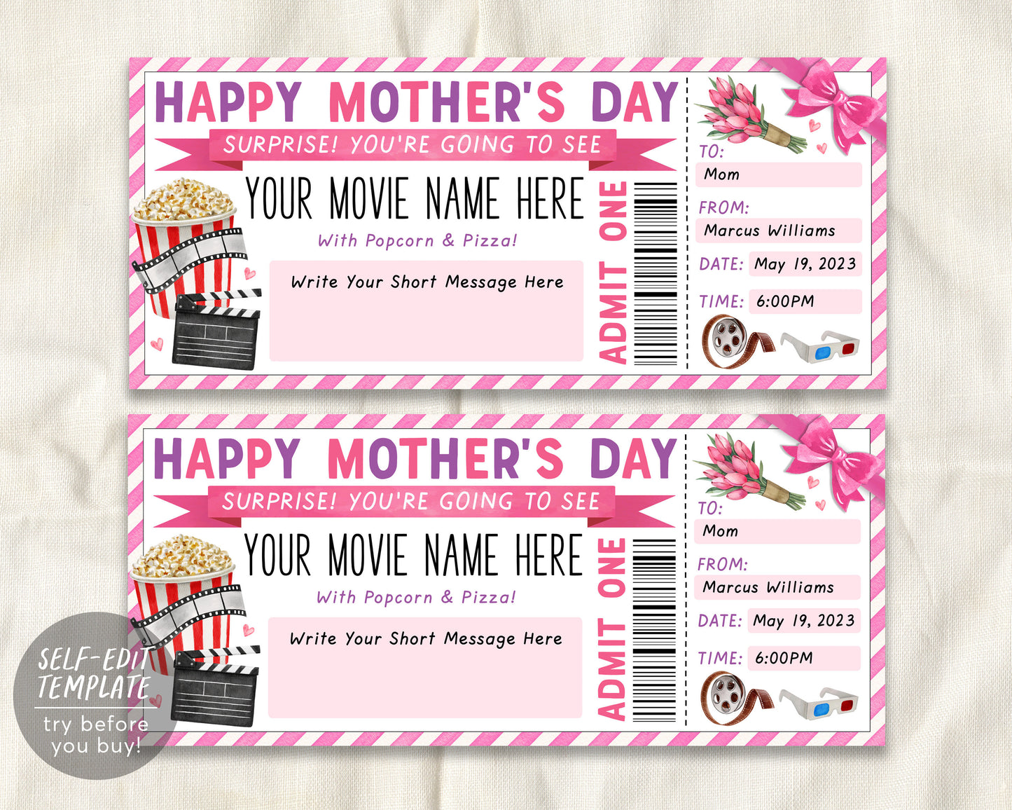 Mothers Day Movie Ticket Invitation Editable Template