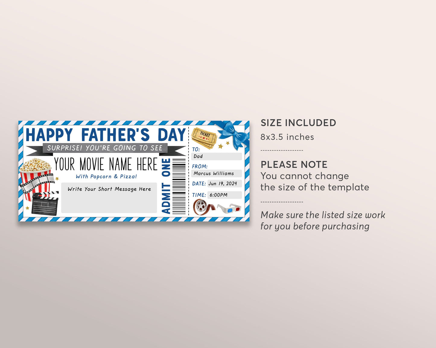 Fathers Day Movie Ticket Invitation Editable Template, Family Movie Night Gift Voucher Invite Reveal For Dad Cinema Theatre Coupon Printable