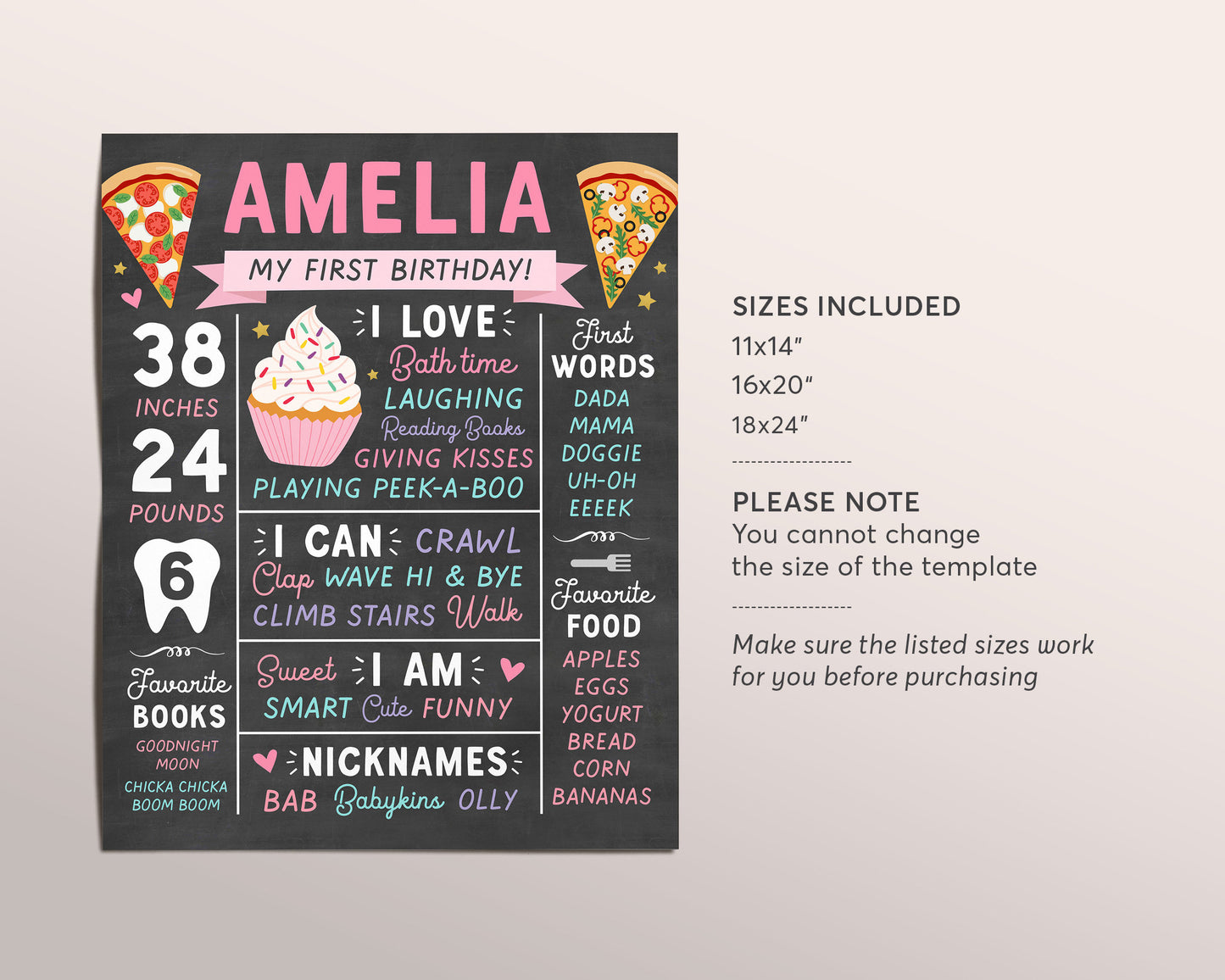 Pizza and Cupcakes Milestone Sign Editable Template, 1st Birthday Milestone Board, Pizza Party Themed First Birthday Party Chalkboard Sign