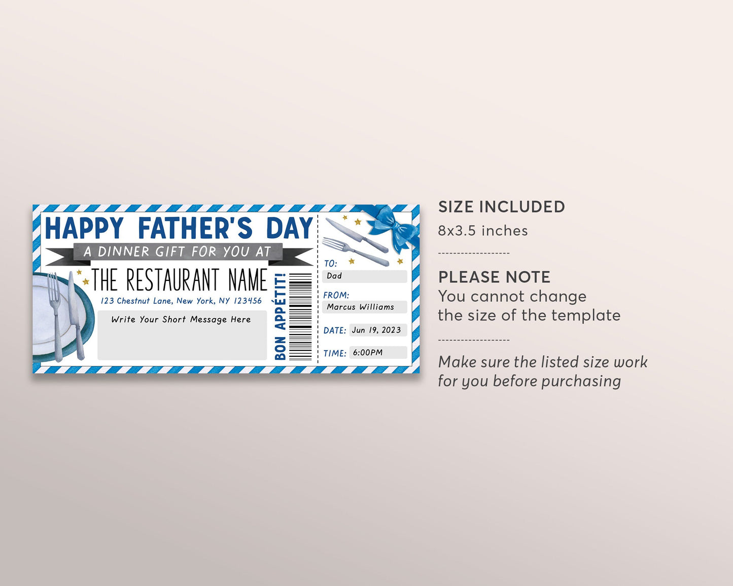 Fathers Day Restaurant Gift Voucher Editable Template, Surprise Dinner Gift Certificate Invite For Dad, Dining Night Out Coupon Reveal