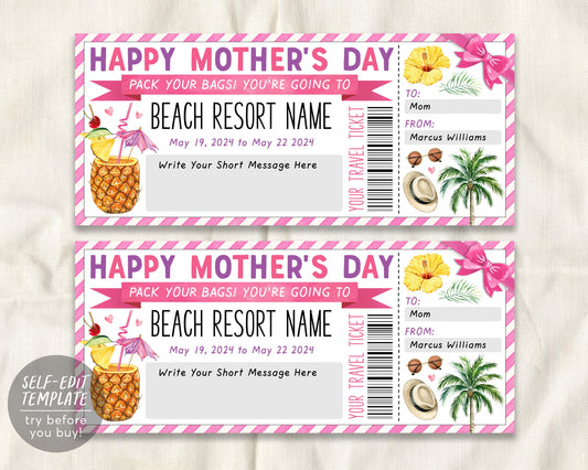Mothers Day Beach Resort Vacation Travel Ticket Editable Template