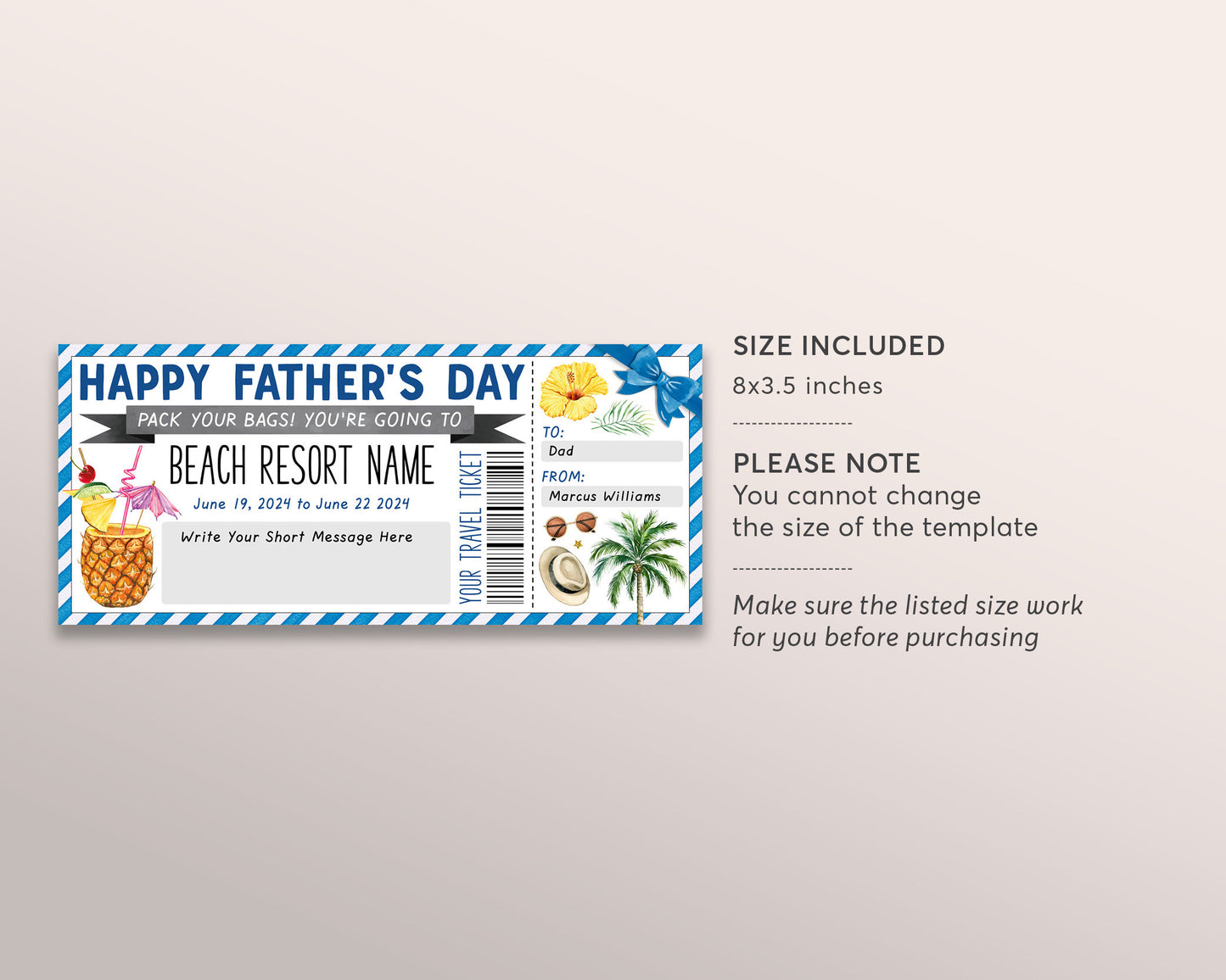 Fathers Day Beach Resort Vacation Travel Ticket Editable Template, Surprise Trip Reveal For Dad, Tropical Weekend Getaway Voucher Printable